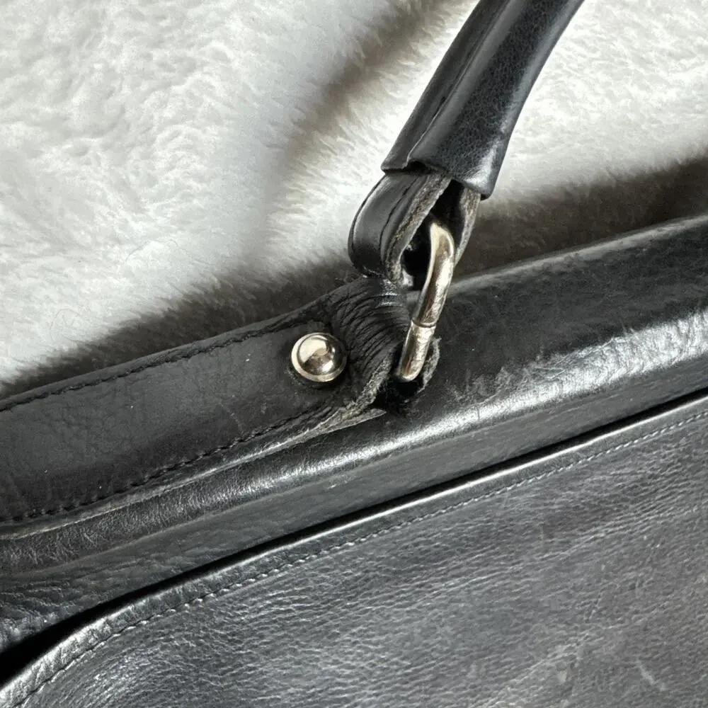 Aston Black Leather Briefcase Turn Lock Closure Made in USA NO Shoulder Strap